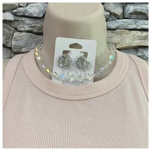 Vintage Art Deco Aurora Borealis Glass Faceted Bead Strand Necklace Earrings